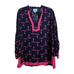 Escapada Anchor Print Tunic Women Large Navy Pink Nautical Coastal V-Neck Top